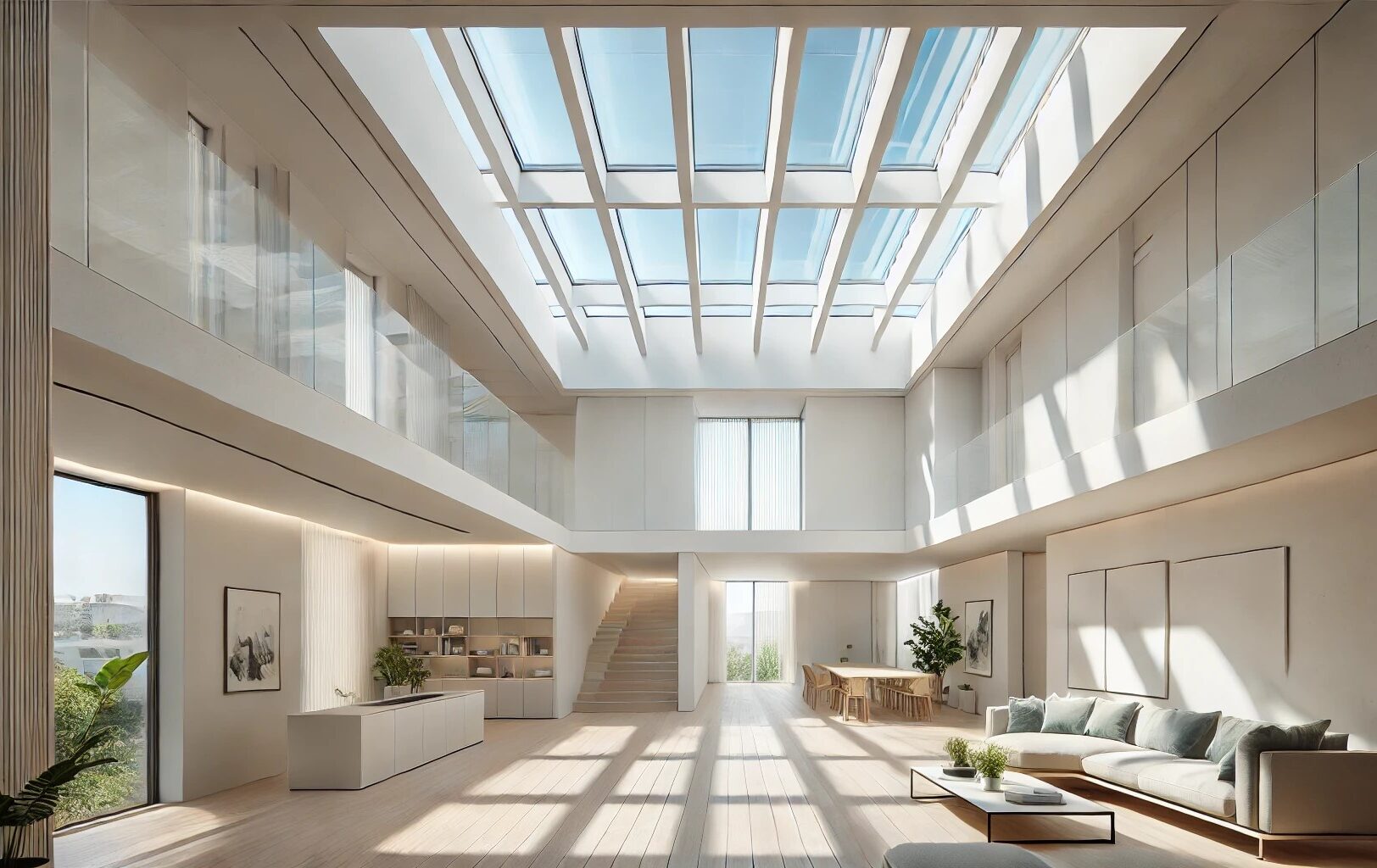 Moderne woonkamer met lichtstraat in het dak die zorgt voor veel natuurlijk licht en een ruimtelijk gevoel, met minimalistische inrichting, witte muren en houten vloeren