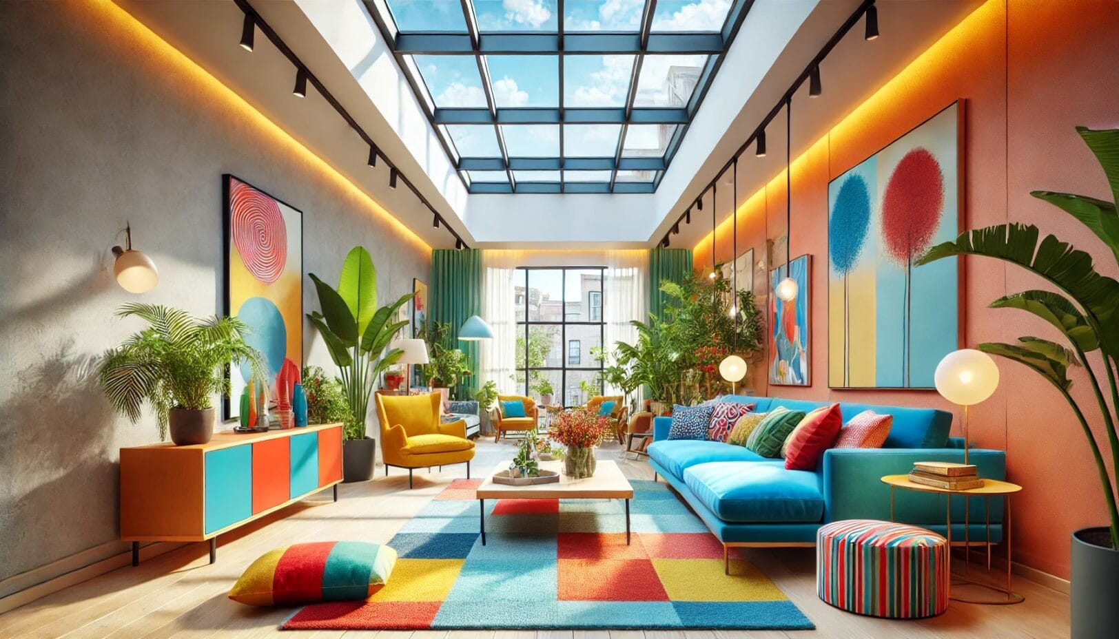 Kleurrijke moderne woonkamer met lichtstraat in het plafond die natuurlijk licht binnenlaat, voorzien van een felblauwe sofa, gele accentstoelen, meerkleurige kussens, en kleurrijke kunst aan de muren.