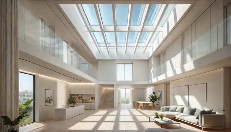 Moderne woonkamer met lichtstraat in het dak die zorgt voor veel natuurlijk licht en een ruimtelijk gevoel, met minimalistische inrichting, witte muren en houten vloeren