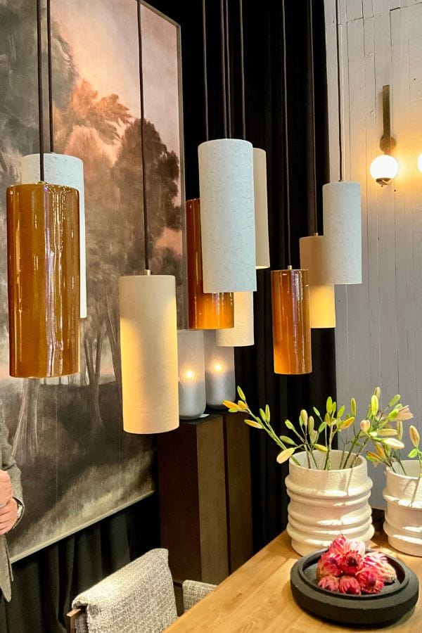 hanglamp combi glas, geglazuurd keramiek en natuursteen
