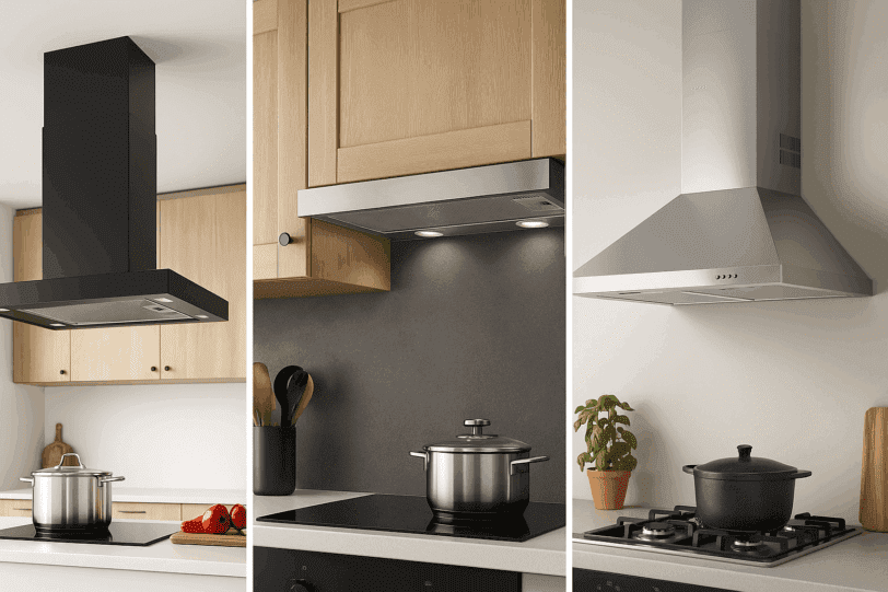 Collage van drie IKEA-afzuigkappen – plafond, inbouw en wandmodel – in moderne keukens met rust en licht als uitgangspunt.