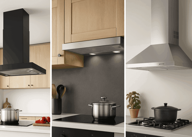 Collage van drie IKEA-afzuigkappen – plafond, inbouw en wandmodel – in moderne keukens met rust en licht als uitgangspunt.