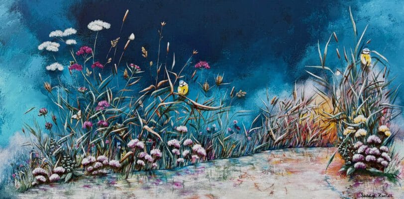 Kunstwerk met vogels en natuur